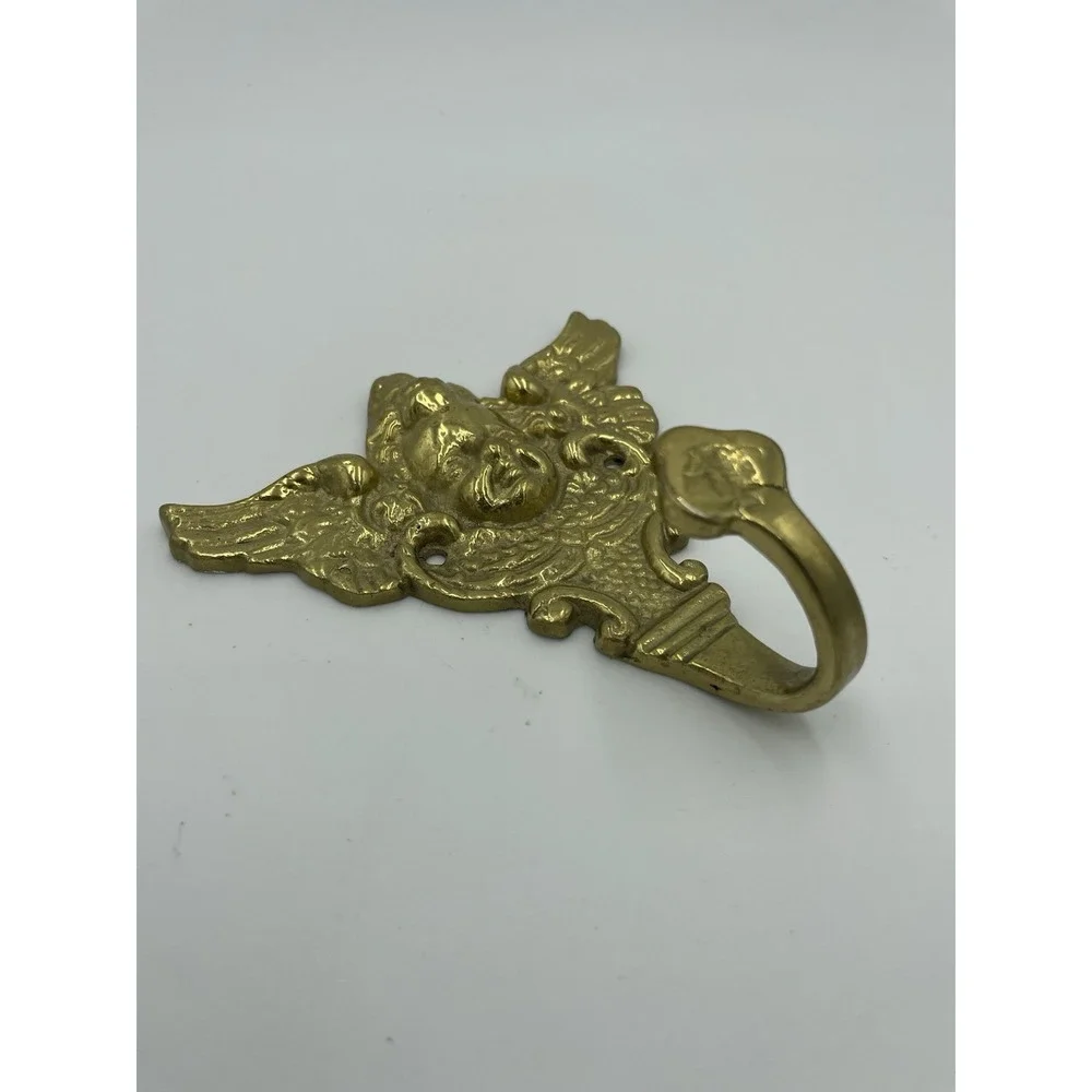 Vtg Solid Brass Angel Cherub Decorative Wall Hanger Robe Towel‎ Hat Key Hook